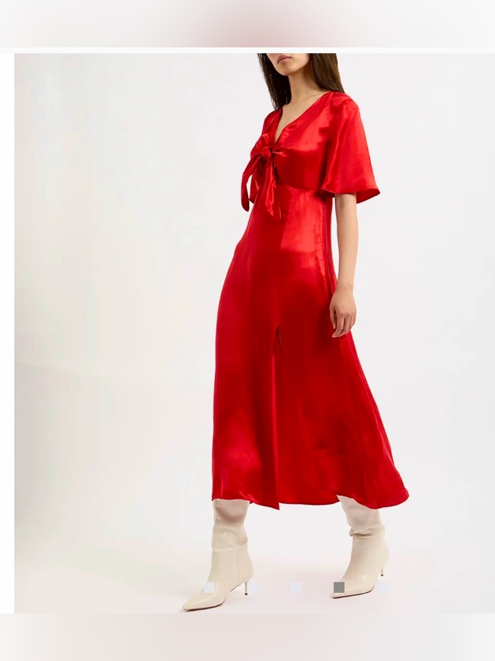 & Other Stories Red Satin Tie-Front Midi Dress